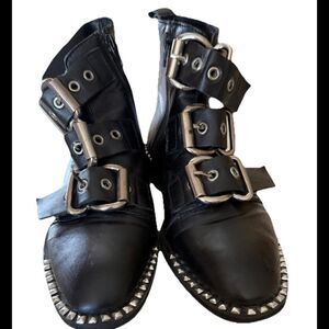 Topshop Black Alfie Buckle Studded Silver Boots   Leather Ankle Size 36